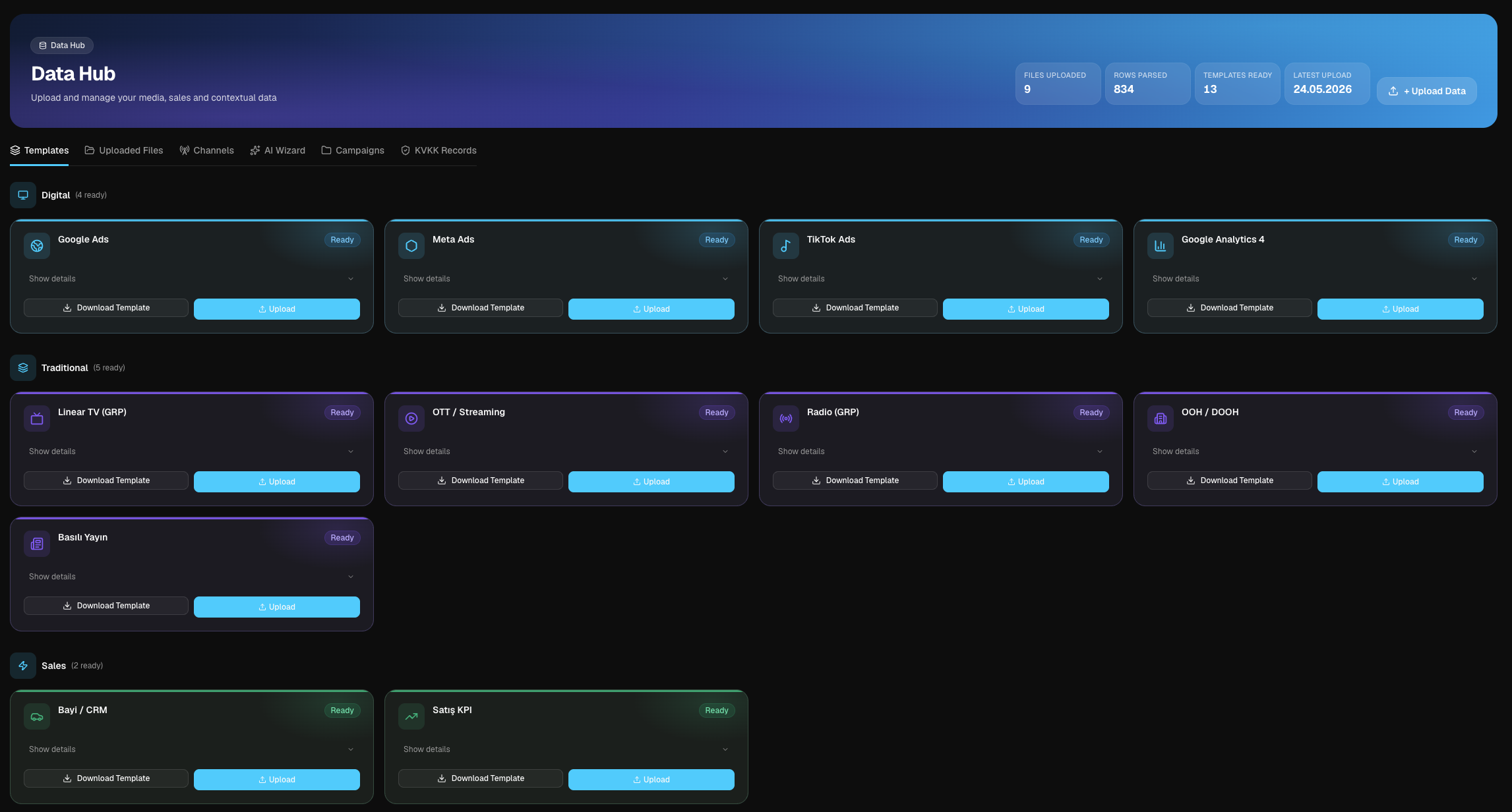 Data Hub — veri yükleme ve doğrulama ekranı